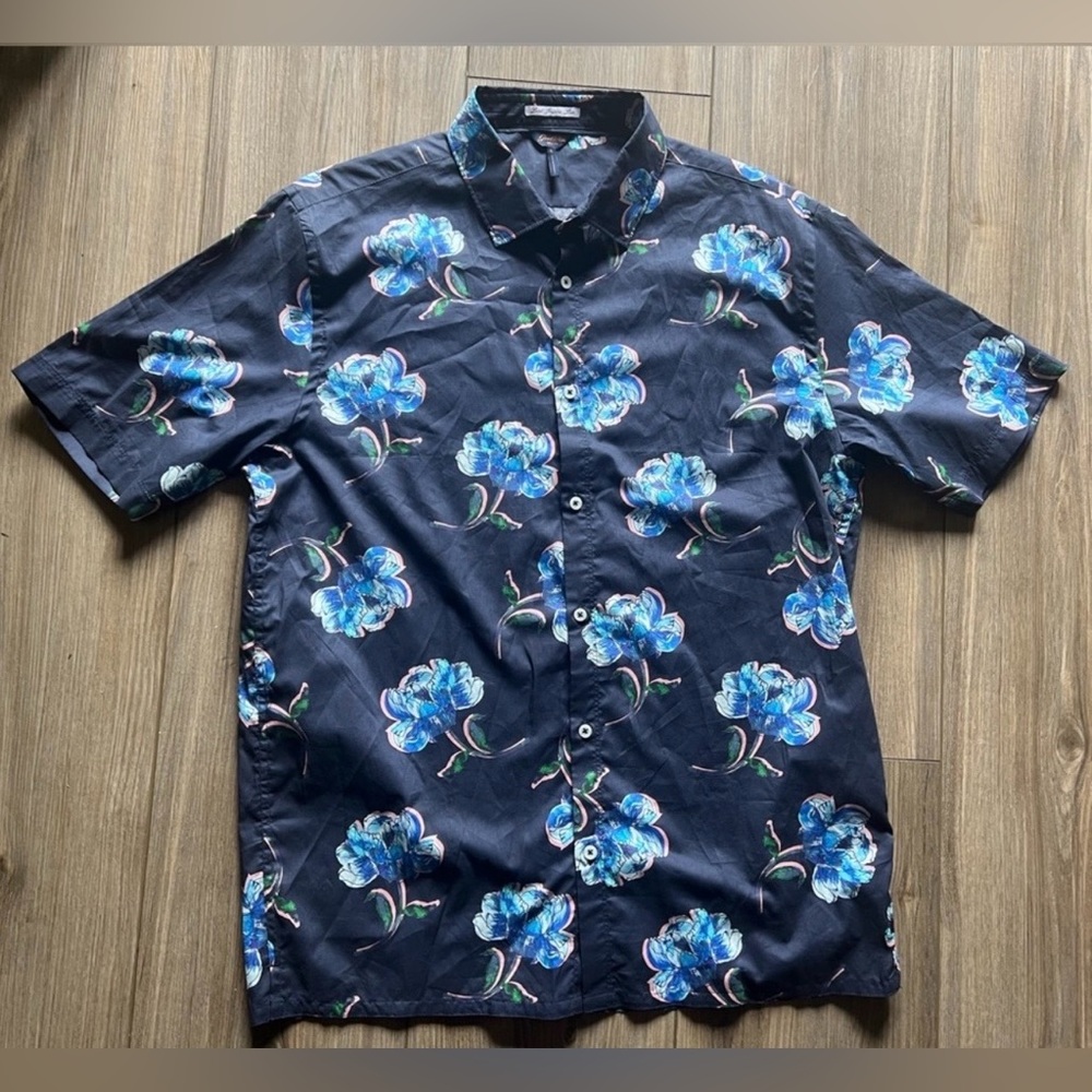100% Organic Cotton Good Man Big On-Point Shirt Woven Navy Painted Peony Size XL